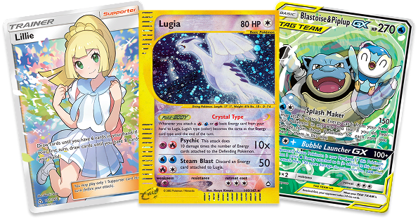 three pokemon trading cards